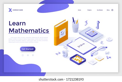 Landing page template with books or textbooks, abacus, calculator, equation, numbers, figures and formulas. Concept of mathematics learning course, studying math. Modern isometric vector illustration.