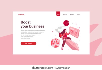Plantilla de página de inicio de Boost Your Startup Business. Concepto moderno de diseño plano del diseño de páginas web para sitios web y sitios web móviles.Ilustración vectorial