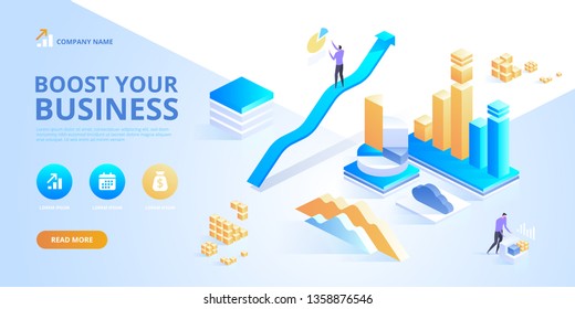 Landing page template of Boost your business. Modern isometric design concept of web page design for website and mobile website. Easy to edit and customize. Vector illustration