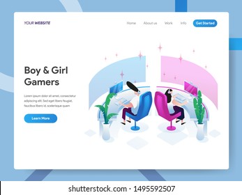 Landing page template of Boy and Girl Gamers Isometric Illustration Concept. Modern design concept of web page design for website and mobile website.Vector illustration EPS 10