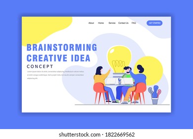 Landing Page Template with Brainstorming Creative Team Idea Discussion. Teamwork and Creative Idea Concept