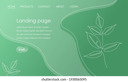 Landing page template with branch leaves on green background. Simple Tropical botanical design vector illustration concept for website development. Vector illustration