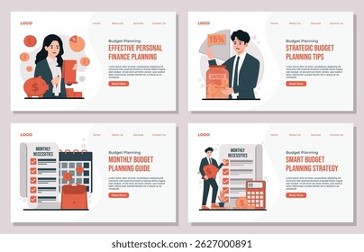 Landing page template Budget planning illustration set showing saving strategies, tracking monthly expenses, and financial management