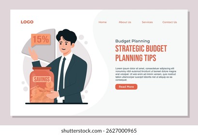 Landing page template Budget planning illustration showing saving strategies, tracking monthly expenses, and financial management