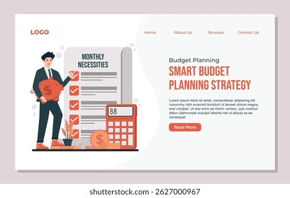 Landing page template Budget planning illustration showing saving strategies, tracking monthly expenses, and financial management