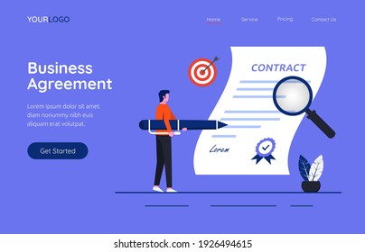 Landing page template of business agreement contract concept. A man signing contract illustration.