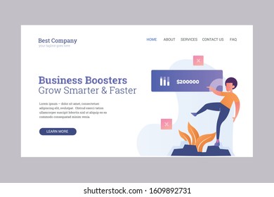 Landing Page Template for Business Boosters Company. Boost your business flat illustration vector concept. Flat design style. 