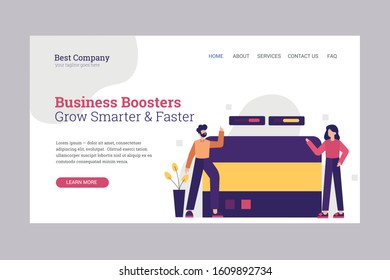 Landing Page Template for Business Boosters Company. Boost your business flat illustration vector concept. Flat design style. 
