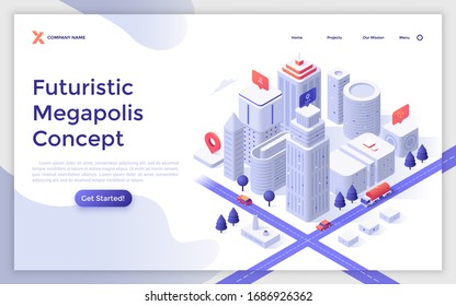 Landing page template with business city center or downtown area, modern buildings or skyscrapers, streets, map pins. Concept of futuristic megalopolis. Isometric vector illustration for webpage.