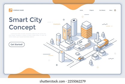 Landing page template with business city center or downtown area, modern buildings or skyscrapers, streets, map pins. Concept of futuristic megalopolis. Isometric vector illustration for webpage.