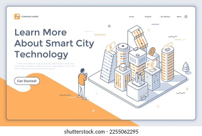 Landing page template with business city center or downtown area, modern buildings or skyscrapers, streets, map pins. Concept of futuristic megalopolis. Isometric vector illustration for webpage.