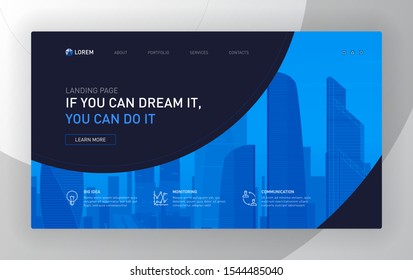 Landing page template for business and construction with cityscape illustration on background. Good for horizontal brochure cover, website slider, presentation slide, social networks advertising