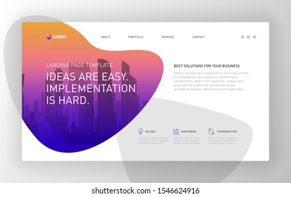 Landing page template for business and construction with cityscape vector illustration and abstract geometry on background. Good for horizontal brochure cover, website slider, presentation slide