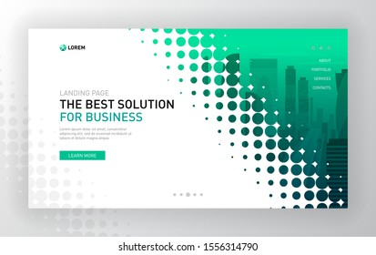 Landing page template for business and construction with halftone effect and cityscape vector illustration on background
