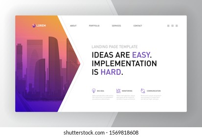 Landing page template for business and construction with cityscape vector illustration on background. Good for presentation slide, brochure cover, website slider, 