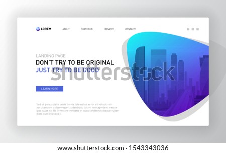 Landing page template for business and construction with motivational quote and cityscape illustration. Modern web page design concept layout for website. Brochure cover, web banner.