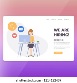 Landing page template of business hiring. People wokring with a computer.