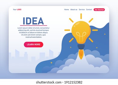 Landing page template. Business idea concept. The rocket in the form of a light bulb flies upward. Can be used for presentation, websites and web banners. Easy to edit and modify text.