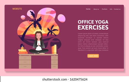 Landing page template for Business and Office Yoga. Woman relaxing and medetating in lotus pose. Design for poster, magazine, brochure with colorful pink background. Vector flat illustration