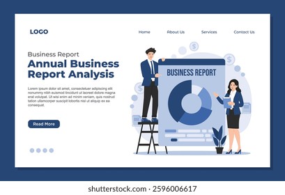 Landing page template Business report concept illustrating business performance and financial analysis Shows data charts, graphs, and documents