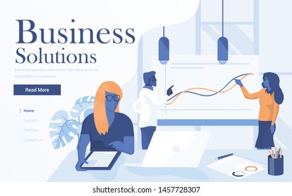 Landing page template of Business Solutions. Team of young people working together in modern workspace. Modern flat design concept of web page design for website and mobile website. Vector