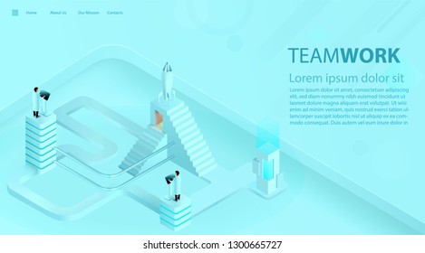 Landing page template of business success boost. Teamwork and industry 4.0 concept. 3d realistic vector.