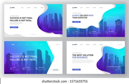 Landing Page Template For Business Website With Cityscape Vector Illustration On Background. Brochure Cover Design, Social Media Banner, Powerpoint Presentation Templates Set.