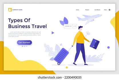 Landing page template with businessman or entrepreneur carrying suitcase or luggage hurrying to board departing aircraft. Concept of business travel or trip. Flat vector illustration for webpage.