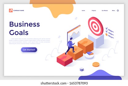 Landing Page Template With Businessman Walking Towards Target Or Man Ascending Career Ladder. Concept Of Business Goal Achieving, Development, Progress Or Growth. Modern Isometric Vector Illustration.