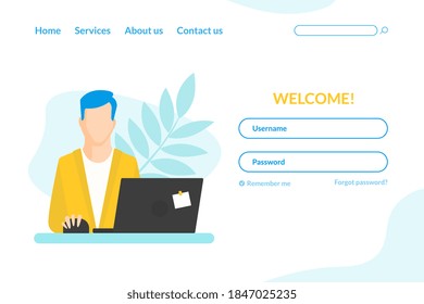 Landing page template, Businessman Working at Laptop Computer, Social Internet Security Concept Vector Illustration