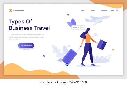 Landing page template with businesswoman or entrepreneur carrying suitcase or luggage hurrying to board departing aircraft. Concept of business travel or trip. Flat vector illustration for webpage.