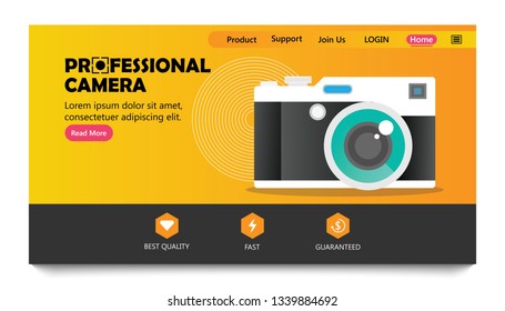 Landing page template of camera products concept. Modern vector illustration for website, app and website development. Designed with trendy colors. Easy to edit and customize.