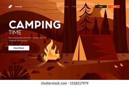 Landing page template of Camping Time. Wild Nature landscape. Modern flat design concept of web page design for website and mobile website. Easy to edit and customize. Vector illustration