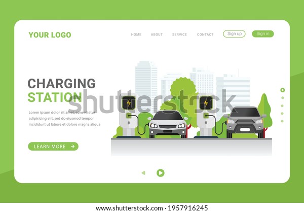 Landing page template car charging station\
for electric vehicle vector\
illustration