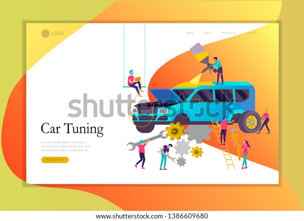 Landing page template car\
service having their repaired, people paint car, change wheels,\
automobile repair shop, vehicle service concept. Vector flat style\
illustration