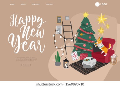 Landing page template or Card with Christmas home decorations with pets. Scandinavian interior with cat, dog dressed in costumes. Illustration and New year typography in Hygge style
