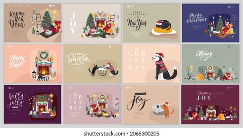 Landing page template or Card with Christmas home decorations with Santa Claus and pets. Scandinavian interior with cat, dog dressed in costumes. Illustration and New year typography