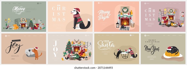 Landing page template or Card with Christmas home decorations with Santa Claus and pets. Scandinavian interior with cat, dog dressed in costumes. Illustration and New year typography