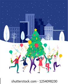 Landing page template or card winter Holidays corporate Party. Merry Christmas and Happy New Year Website with People Characters. Company of young friends or colleagues celebrates on Urban landscape