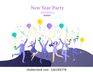 Landing page template or card winter Holidays corporate Party. Merry Christmas and Happy New Year Website with People Characters. Company of young friends or colleagues celebrates