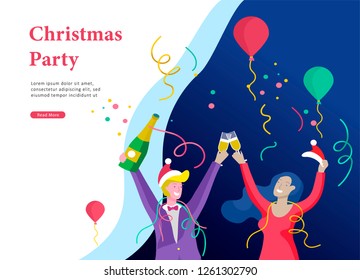 Landing page template or card winter Holidays corporate Party. Merry Christmas and Happy New Year Website with People Characters. Company of young friends or colleagues celebrates