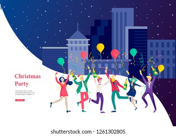 Landing page template or card winter Holidays corporate Party. Merry Christmas and Happy New Year Website with People Characters. Company of young friends or colleagues celebrates on Urban landscape