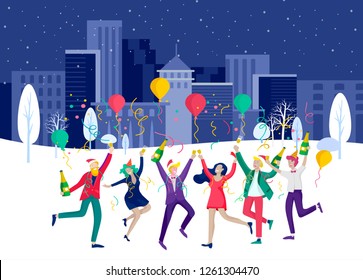 Landing page template or card winter Holidays corporate Party. Merry Christmas and Happy New Year Website with People Characters. Company of young friends or colleagues celebrates on Urban landscape