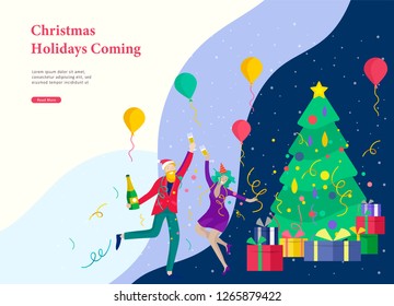 Landing page template or card winter Holidays corporate Party. Merry Christmas and Happy New Year Website with People Characters. Company of young friends or colleagues celebrates
