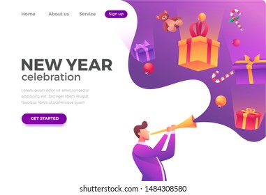 Landing page template or card winter Holidays corporate Party. Merry Christmas and Happy New Year Website with People Characters. someone blew a trumpet with Christmas gift