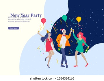 Landing page template or card winter Holidays corporate Party. Merry Christmas and Happy New Year Website with People Characters. Company of young friends or colleagues celebrates