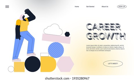 The Landing Page Template Of Career Growth. Young Woman Looking Up To The Sky For Her Career Development.