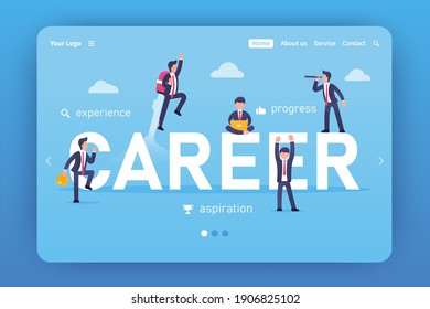 Landing page template. Career vector concept. Progress, aspiration, experience. Businessmen in suits around the inscription. Success, striving upward, goal, search for ideas. Freelance. Business.