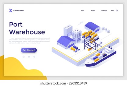 Landing page template with cargo ship at marine terminal. Concept of port warehouse, container sea line, maritime transportation, freight forwarding services. Modern isometric vector illustration.