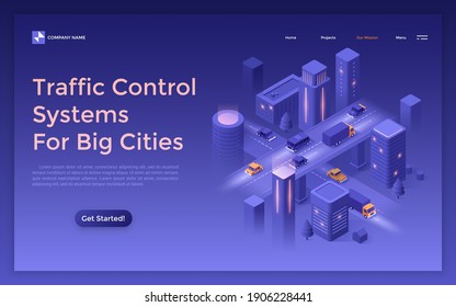 Landing page template with cars riding along night street and futuristic buildings. Concept of traffic control and monitoring systems for big cities. Modern isometric vector illustration for webpage.